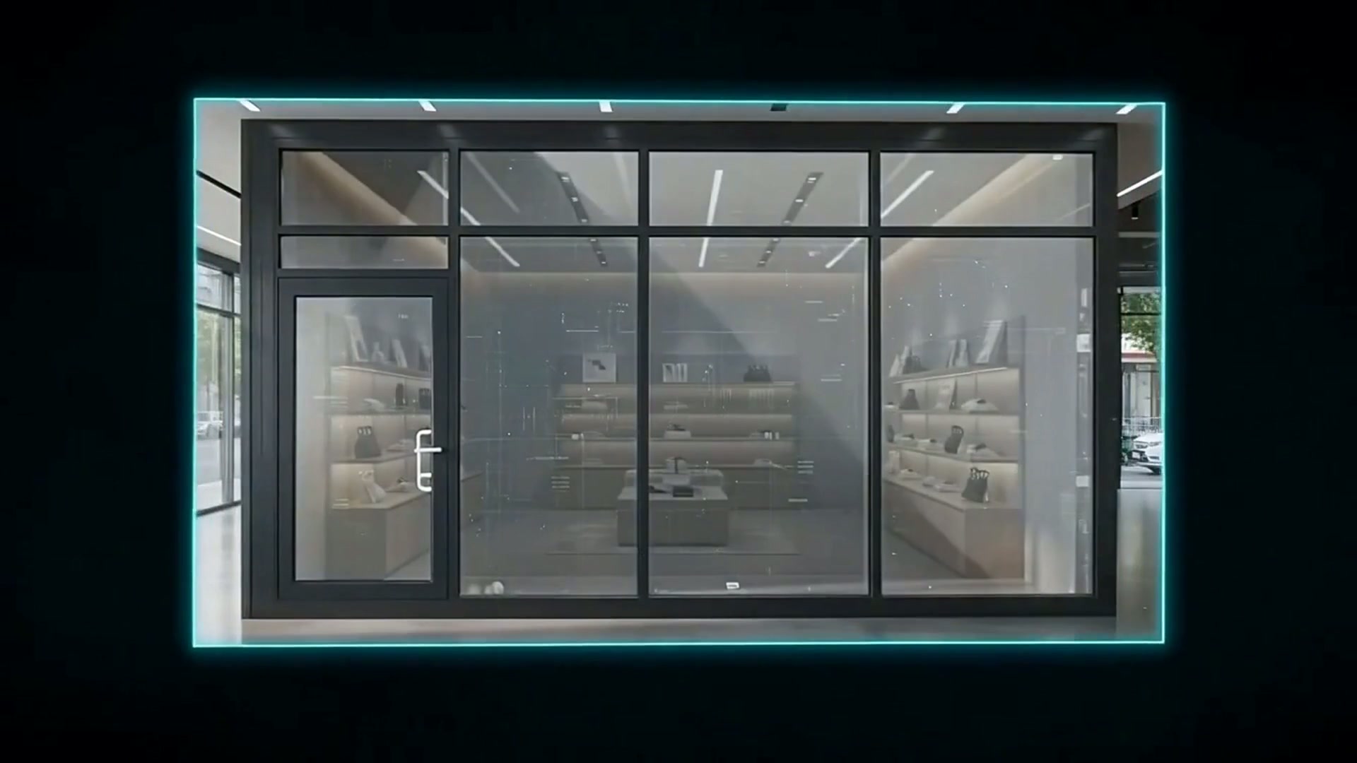 Architectural animation: a blueprint of a commercial storefront becomes aluminum profiles that rotate, receive interior hardware and glass, then open into a finished retail space
